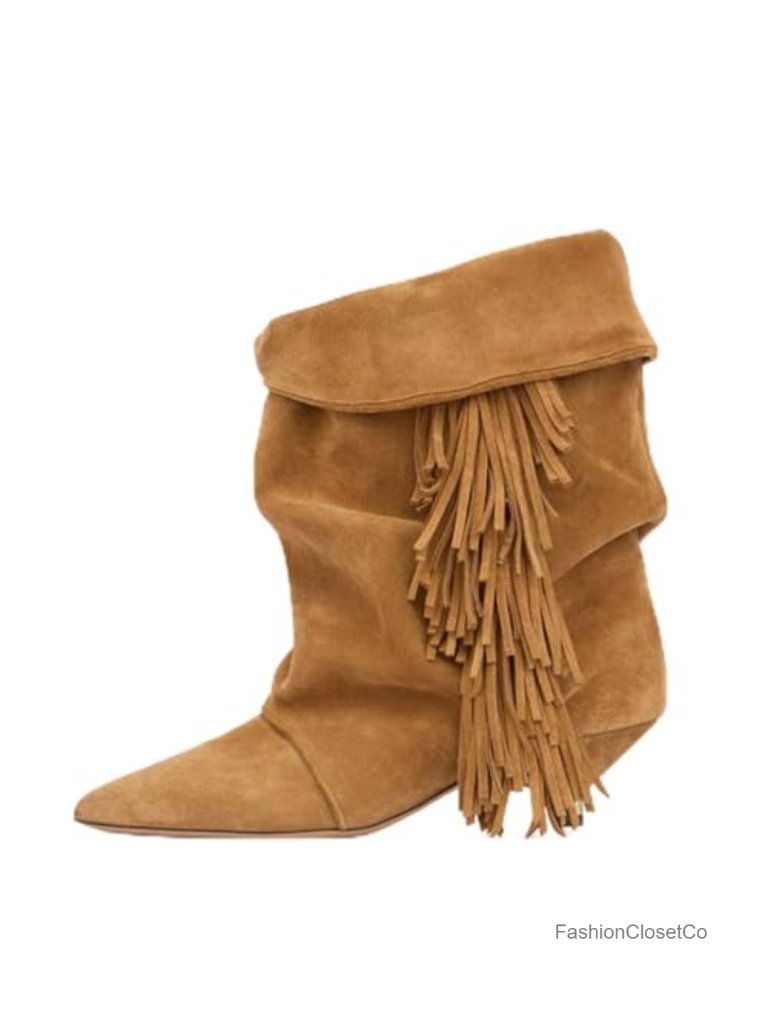 Slouchy Ankle Boots Pointed Toe Kitten Heels Wide Calf Boho Cowboy Boots Fold